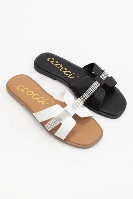 Maggie Jeweled H-Shape Cutout Slide - White