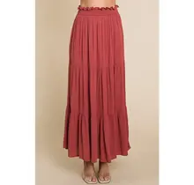 Jennifer Smocking Waist Tiered Long Skirt - Marsala