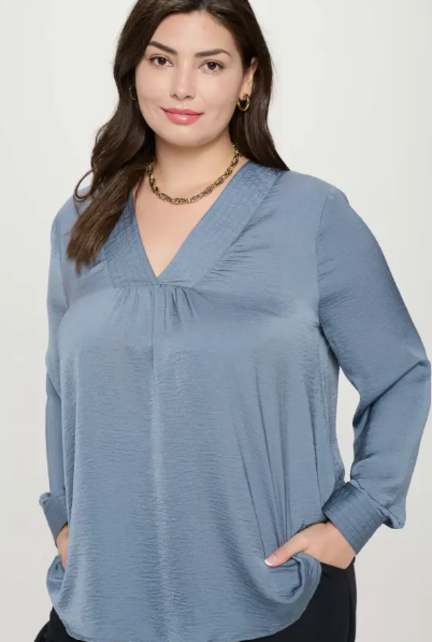 Sanna Satin V Neck Long Sleeve Blouse Denim Blue Sanna Satin V Neck Long Sleeve Blouse Denim Blue