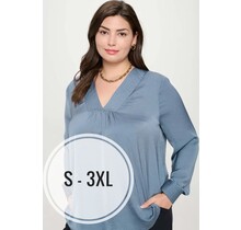 Sanna Satin V Neck Long Sleeve Blouse Denim Blue