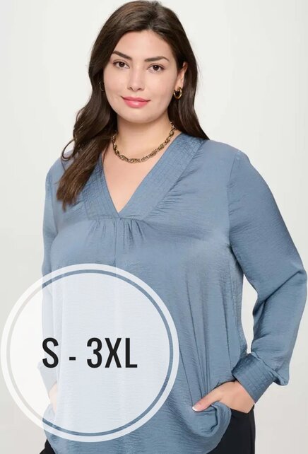 Sanna Satin V Neck Long Sleeve Blouse Denim Blue Sanna Satin V Neck Long Sleeve Blouse Denim Blue