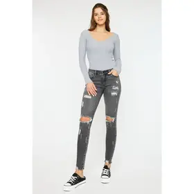 Kancan Cora Mid Rise Super Skinny Jeans - Light Gray