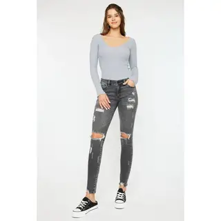 Kancan Cora Mid Rise Super Skinny Jeans - Light Gray