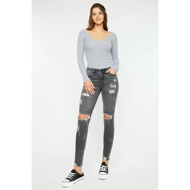 Kancan Cora Mid Rise Super Skinny Jeans - Light Gray