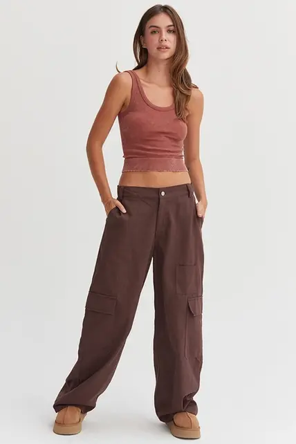 Brilynn Wide Leg Cargo Pant - Chestnut