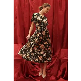 Vienna Floral Velvet Midi Dress - Black