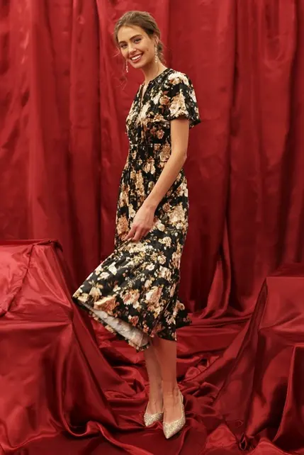 Vienna Floral Velvet Midi Dress - Black