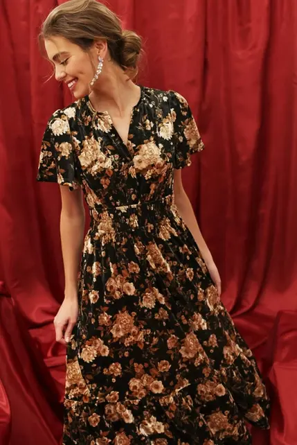 Vienna Floral Velvet Midi Dress - Black