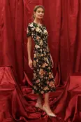 Vienna Floral Velvet Midi Dress - Black