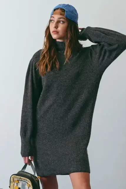 Voni Mock Neck Knit Sweater Dress - Charcoal
