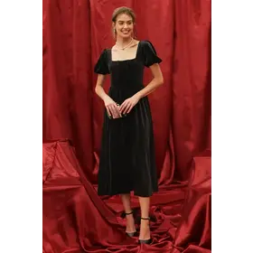 Vinni Velvet Corset Midi Dress - Black