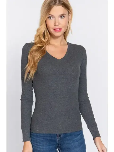 Nyah Thermal Knit Long Sleeve Top - Grey