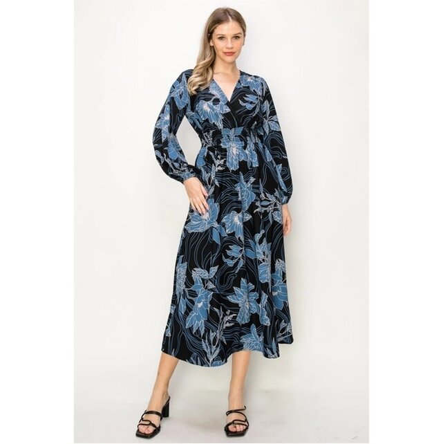 Wilma Long Sleeve Midi Dress -  Blue