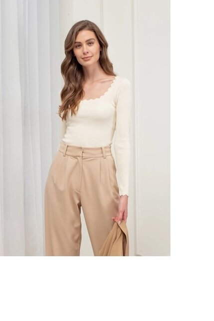 Hadley Scalloped Trim Long Sleeve - Oatmeal