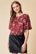 Amari Puff Sleeve Short Sleeve Blouse - Maroon