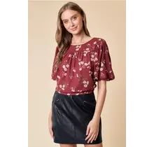 Amari Puff Sleeve Short Sleeve Blouse - Maroon