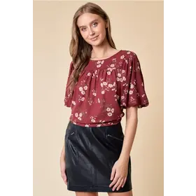 Amari Puff Sleeve Short Sleeve Blouse - Maroon