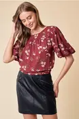 Amari Puff Sleeve Short Sleeve Blouse - Maroon