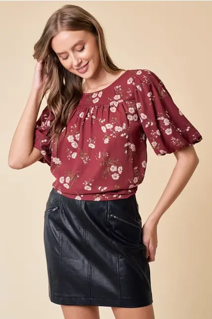 Amari Puff Sleeve Short Sleeve Blouse - Maroon