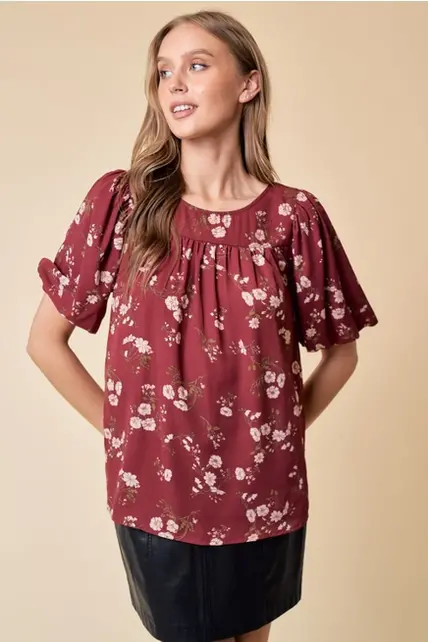 Amari Puff Sleeve Short Sleeve Blouse - Maroon