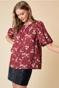 Amari Puff Sleeve Short Sleeve Blouse - Maroon