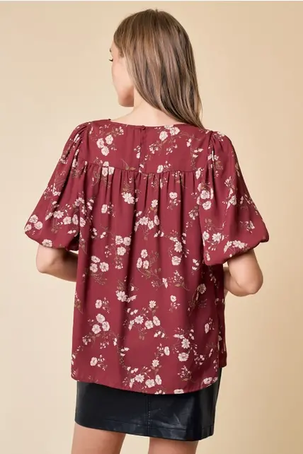 Amari Puff Sleeve Short Sleeve Blouse - Maroon