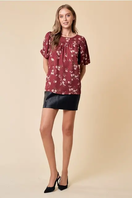 Amari Puff Sleeve Short Sleeve Blouse - Maroon