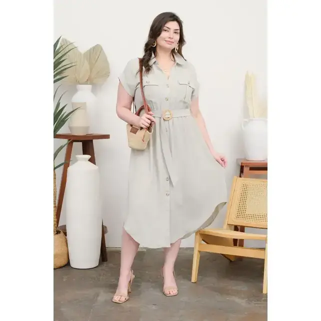Sutton Button Down Midi Dress - Light Olive