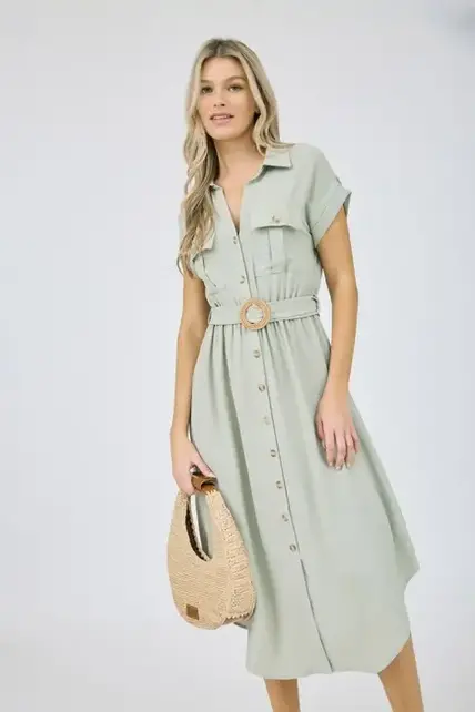 Sutton Button Down Midi Dress - Light Olive