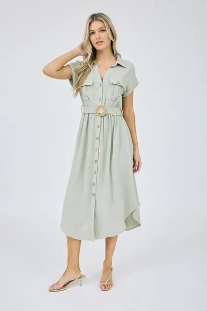 Sutton Button Down Midi Dress - Light Olive