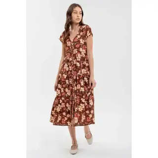 Solana Tiered Floral Midi Dress - Burgundy