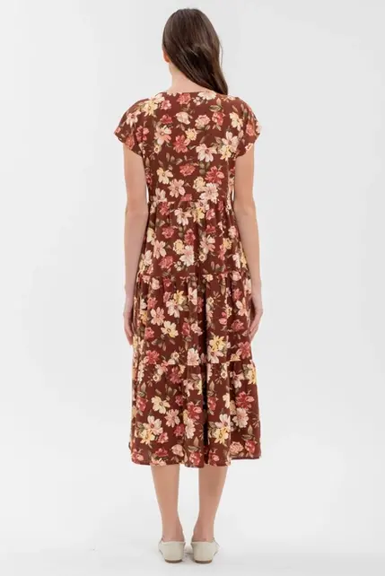 Solana Tiered Floral Midi Dress - Burgundy
