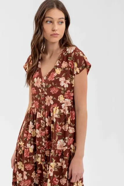 Solana Tiered Floral Midi Dress - Burgundy