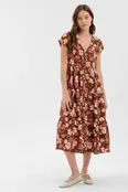 Solana Tiered Floral Midi Dress - Burgundy