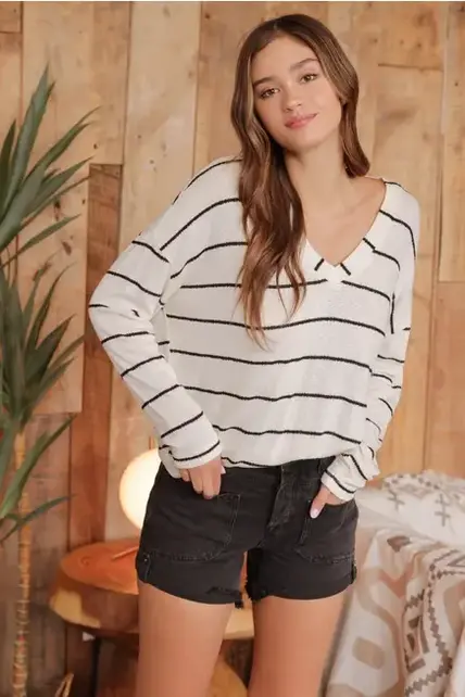 Stevie Striped Drop Shoulder Long Sleeve - Ivory
