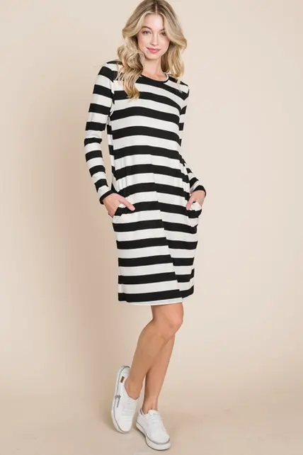 Trinity Long Sleeved  Midi Dress - Black/White