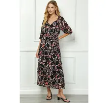 Teagan  Side Tie Ruffle Hem Maxi - Black