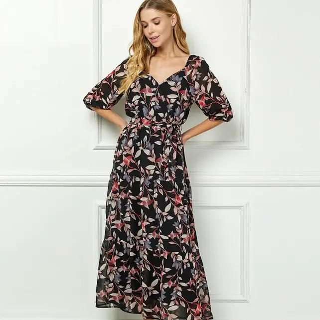 Teagan  Side Tie Ruffle Hem Maxi - Black