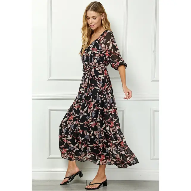 Teagan  Side Tie Ruffle Hem Maxi - Black