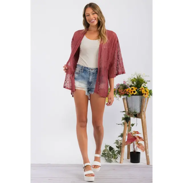 Haisley Crochet Lace Kimono - Henna