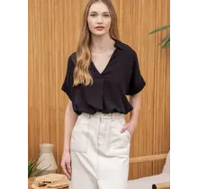 Ayla Collared Split Neck Blouse - Black