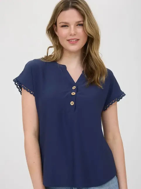 Arden Lace Trim Short Sleeve - Navy