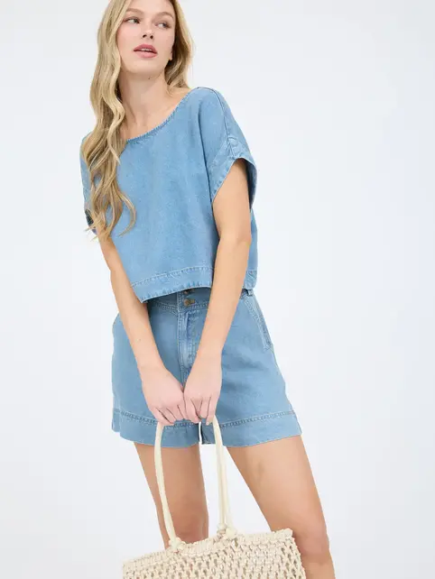 Arya High Waist Chambray Mini Shorts