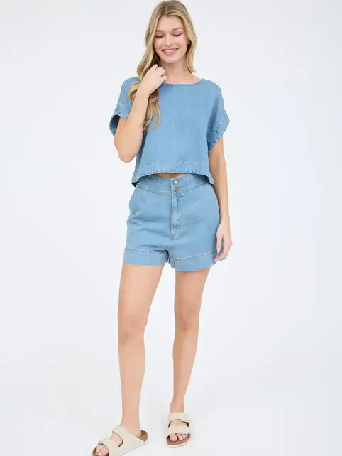 Arya High Waist Chambray Mini Shorts