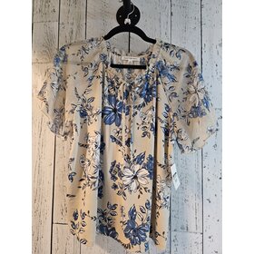 Marina Flutter Short Sleeve Blouse - Navy & Taupe