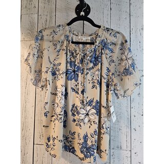 Marina Flutter Short Sleeve Blouse - Navy & Taupe