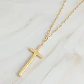 Hammered Cross Long Chain Necklace - Gold