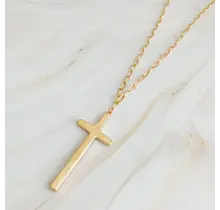 Hammered Cross Long Chain Necklace - Gold