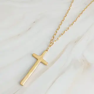Hammered Cross Long Chain Necklace - Gold