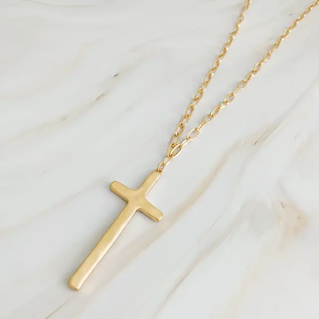 Hammered Cross Long Chain Necklace - Gold